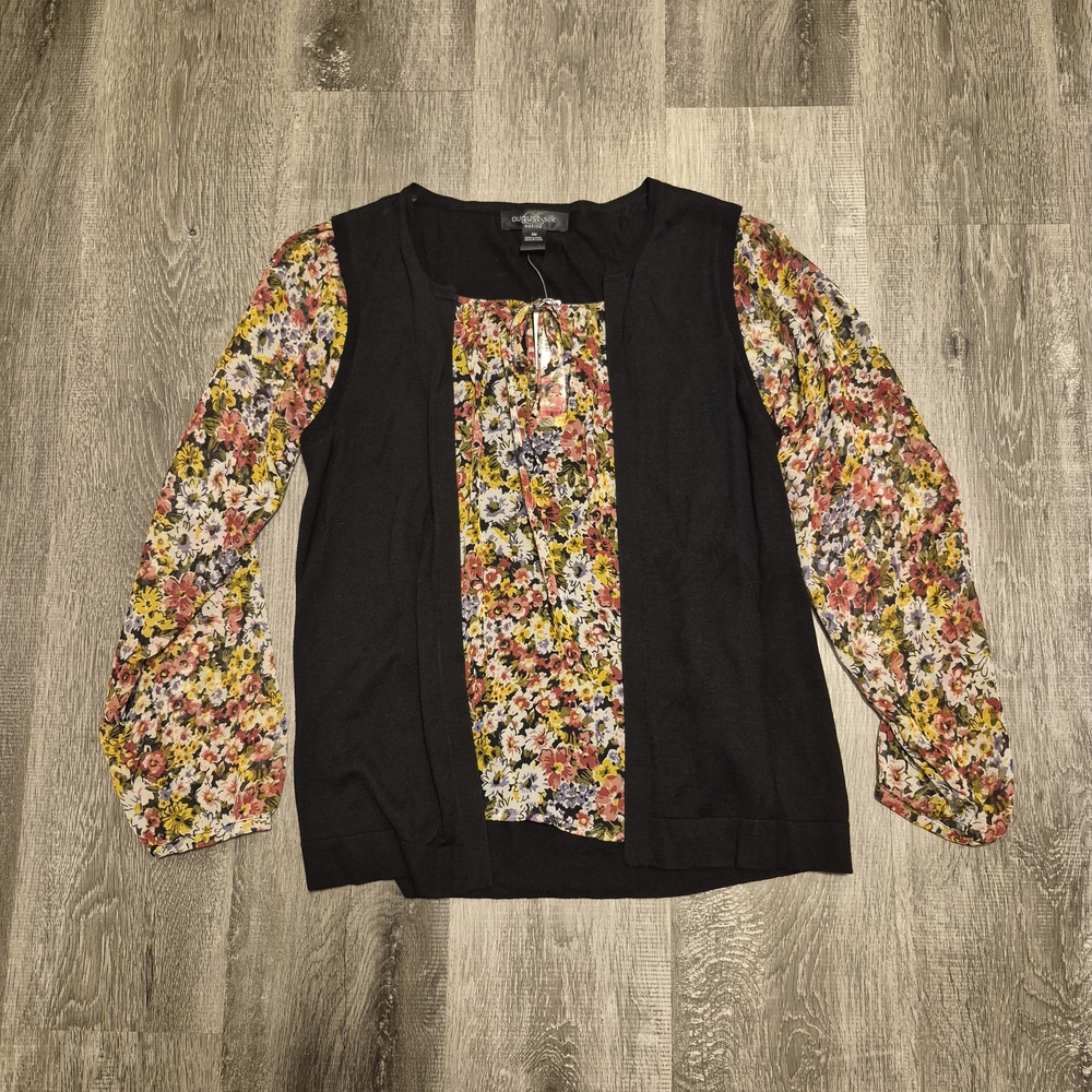 August Silk Floral Women's Blouse With Black Built In Overlay